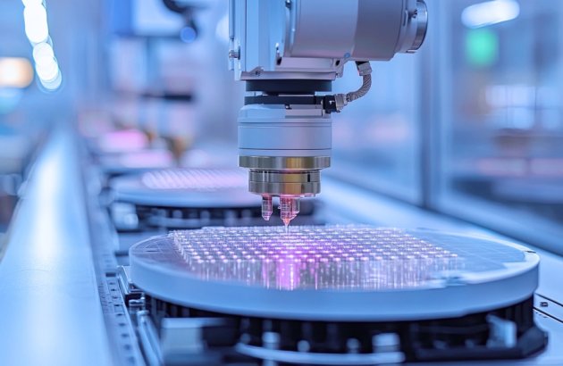 Halbleiterindustrie-Roboterarm, der präzise an einem Wafer mit Licht in einer sauberen Fertigungsumgebung arbeitet