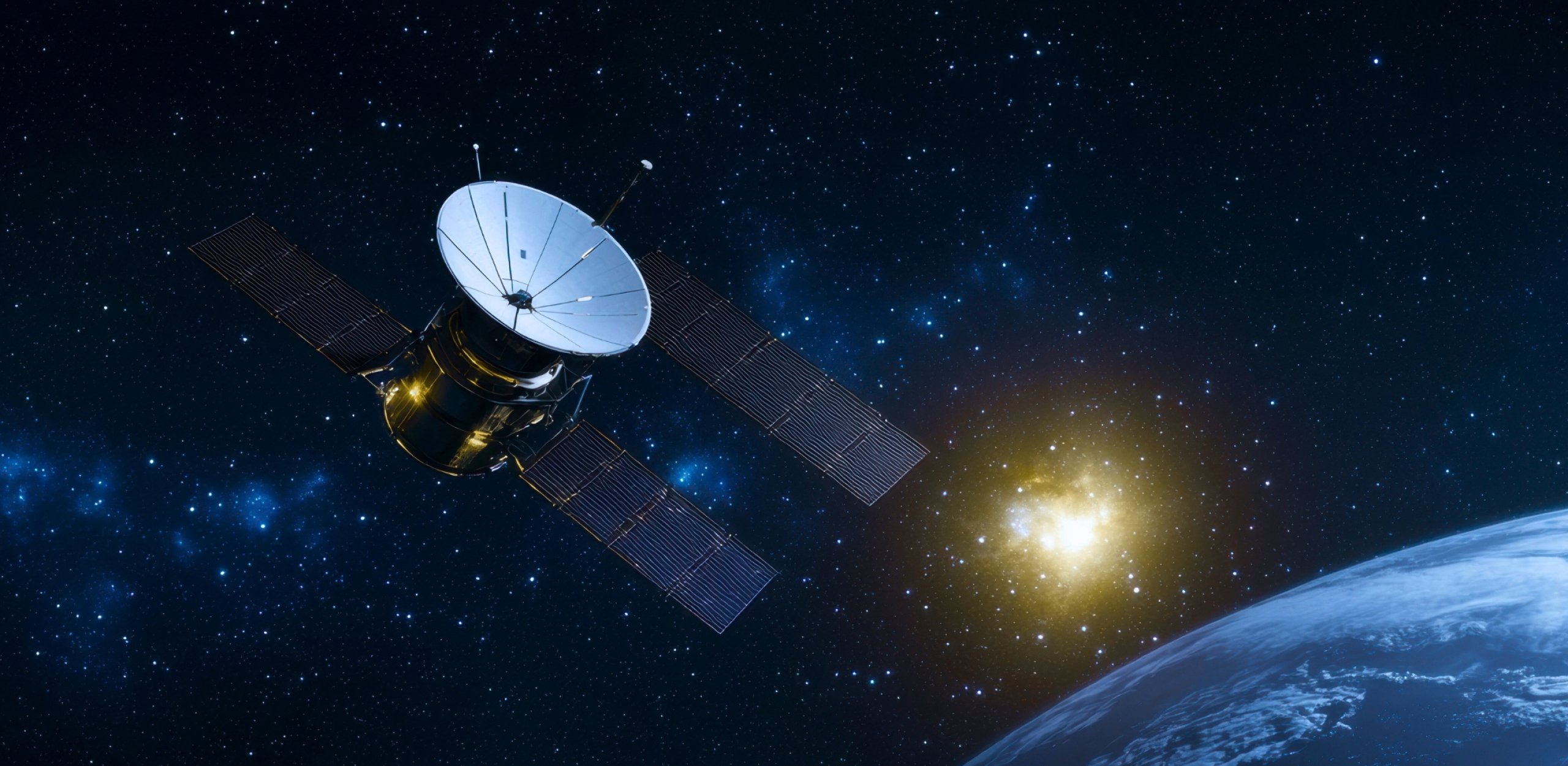 Luft-Raumfahrt-Bild eines Weltraumsatelliten, der die Erde umkreist, vor einem atemberaubenden kosmischen Hintergrund mit Sternen und einem leuchtenden Himmelskörper