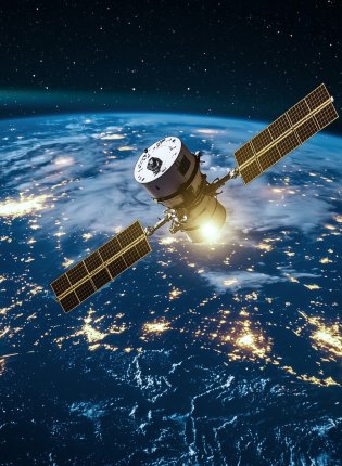 Luft-Raumfahrt-Ein Kommunikationssatellit umkreist die Erde bei Nacht