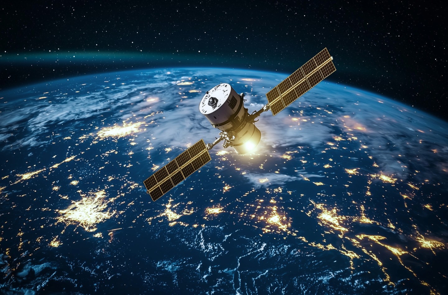 Luft-Raumfahrt-Ein Kommunikationssatellit umkreist die Erde bei Nacht