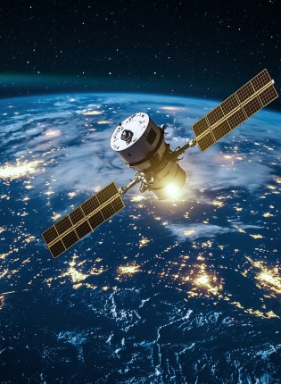 Luft-Raumfahrt-Ein Kommunikationssatellit umkreist die Erde bei Nacht