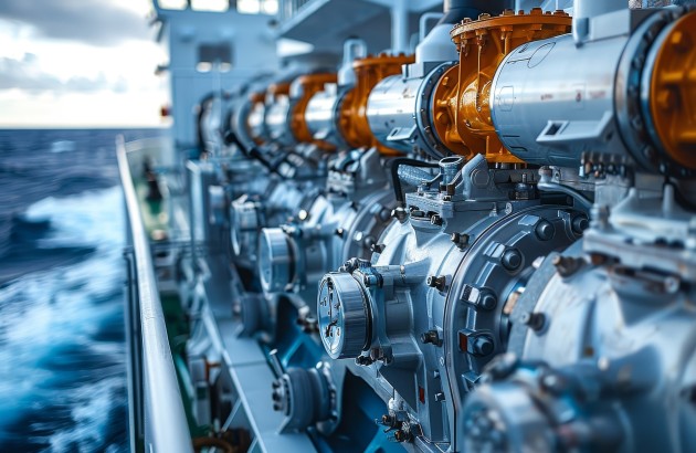 Mobilität-Nahaufnahme einer Schiffsausrüstung mit Schiffsdieselmotor und Einblicke in den Bau von Flussschiffen