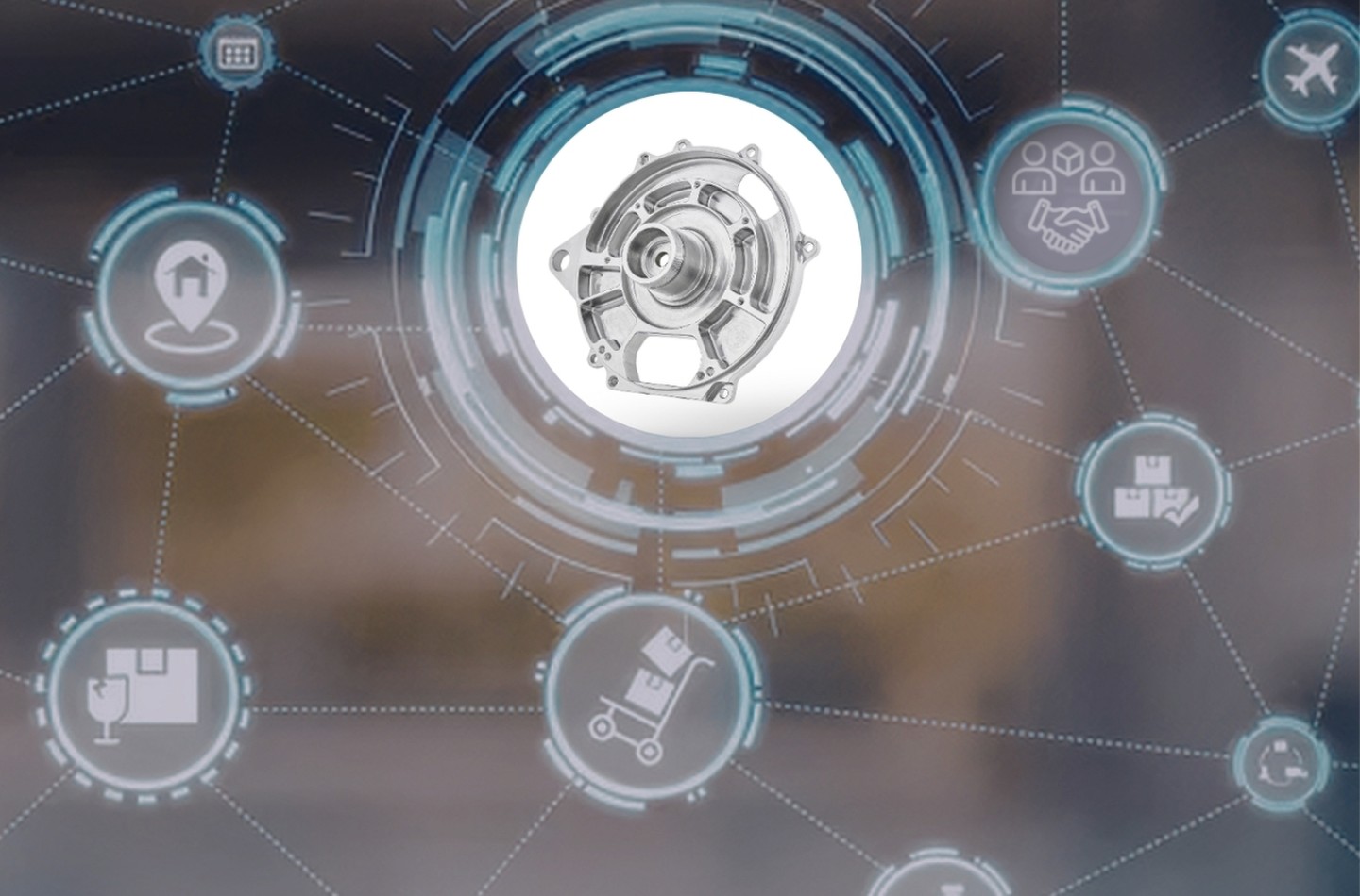 Ein Fertigungsteil der Luft- und Raumfahrt ist umgeben von zusätzlichen Dienstleistungen wie Beratung, Fertigung, Beschichtung, Qualitätssicherung, Reinigung, Verpackun, Versand